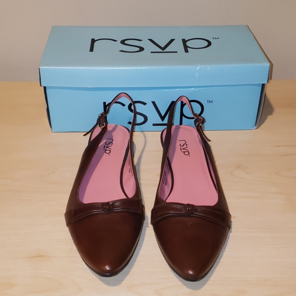 RSVP Dark Brown Leather Sling Back Pointed Flats